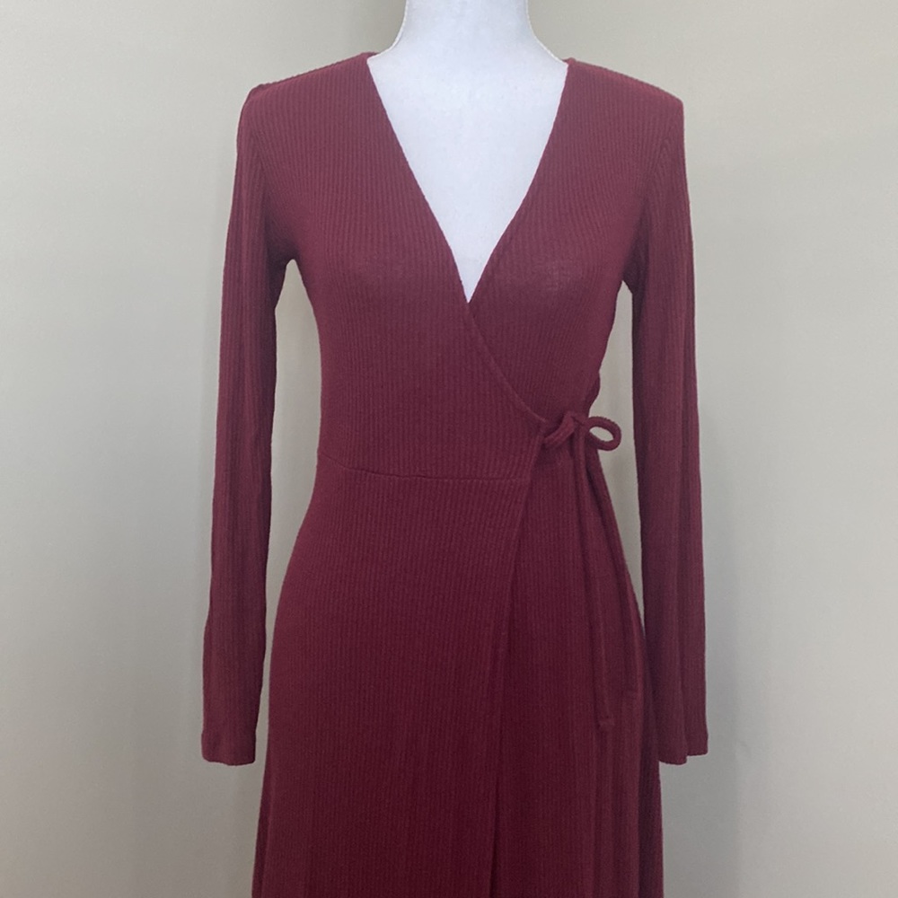 Burgundy Tie-Wrap Sweater Dress - Picture 2 of 8
